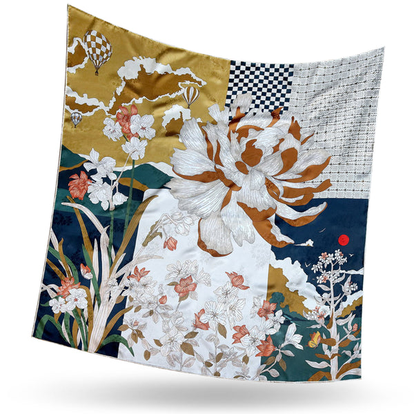 Premium Seidenschal Damen 100% reine Seide – hochwertiges großes Halstuch Damen, 108x108 cm Seidenschal, Botanisch, Retro-Stil