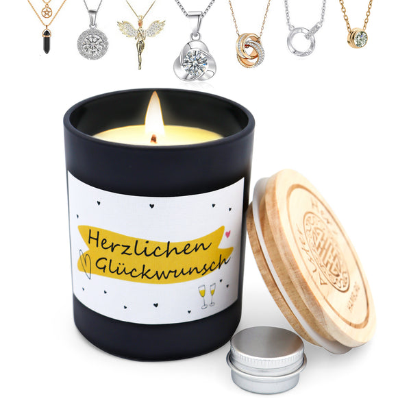 "Herzlichen Glückwunsch", Duftkerze mit Spruch, inkl. Schmuck-Geschenk K001