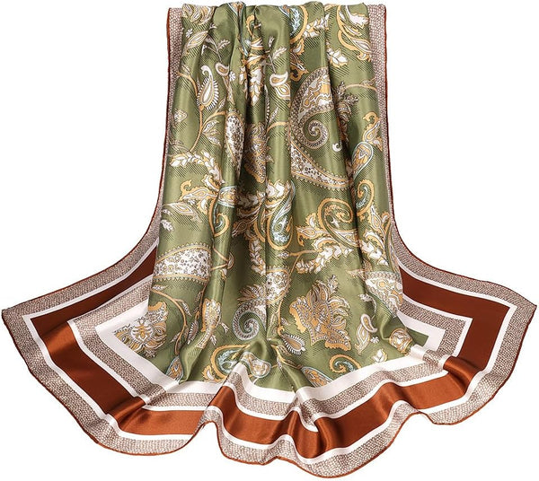 Seidenschal aus 100% Seide – 108x108 cm Halstuch für Damen, Quadratisches Tuch, in hochwertiger Geschenkverpackung, Paisley-Muster Grün/Braun