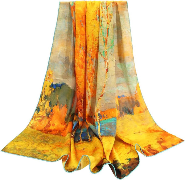 Seidenschal aus 100% Seide – 108x108 cm Halstuch für Damen, Quadratisches Tuch, in hochwertiger Geschenkverpackung, Gemälde-Motiv in orange