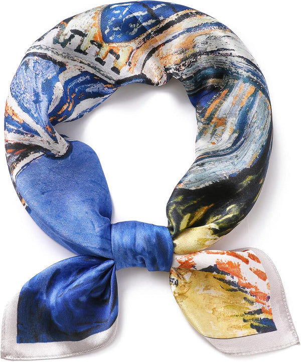 Seidenschal aus 100% Seide – 65x65 cm Halstuch für Damen, Quadratisches Tuch, in hochwertiger Geschenkverpackung, blaue Gemälde