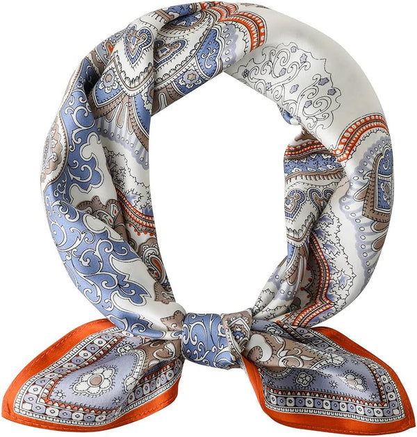 Seidenschal aus 100% Seide – 65x65 cm Halstuch für Damen, Quadratisches Tuch, in hochwertiger Geschenkverpackung, Orange/Blau Paisley-Muster